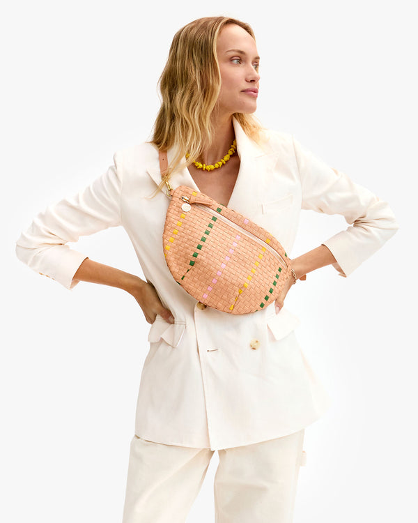 Bisque Woven Checker with Stripe Grande Fanny on Model.