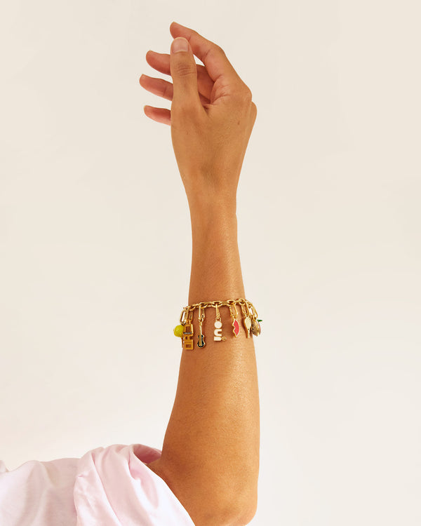 the Guitar Charm on the charm chain bracelet along with multiple other CV charms