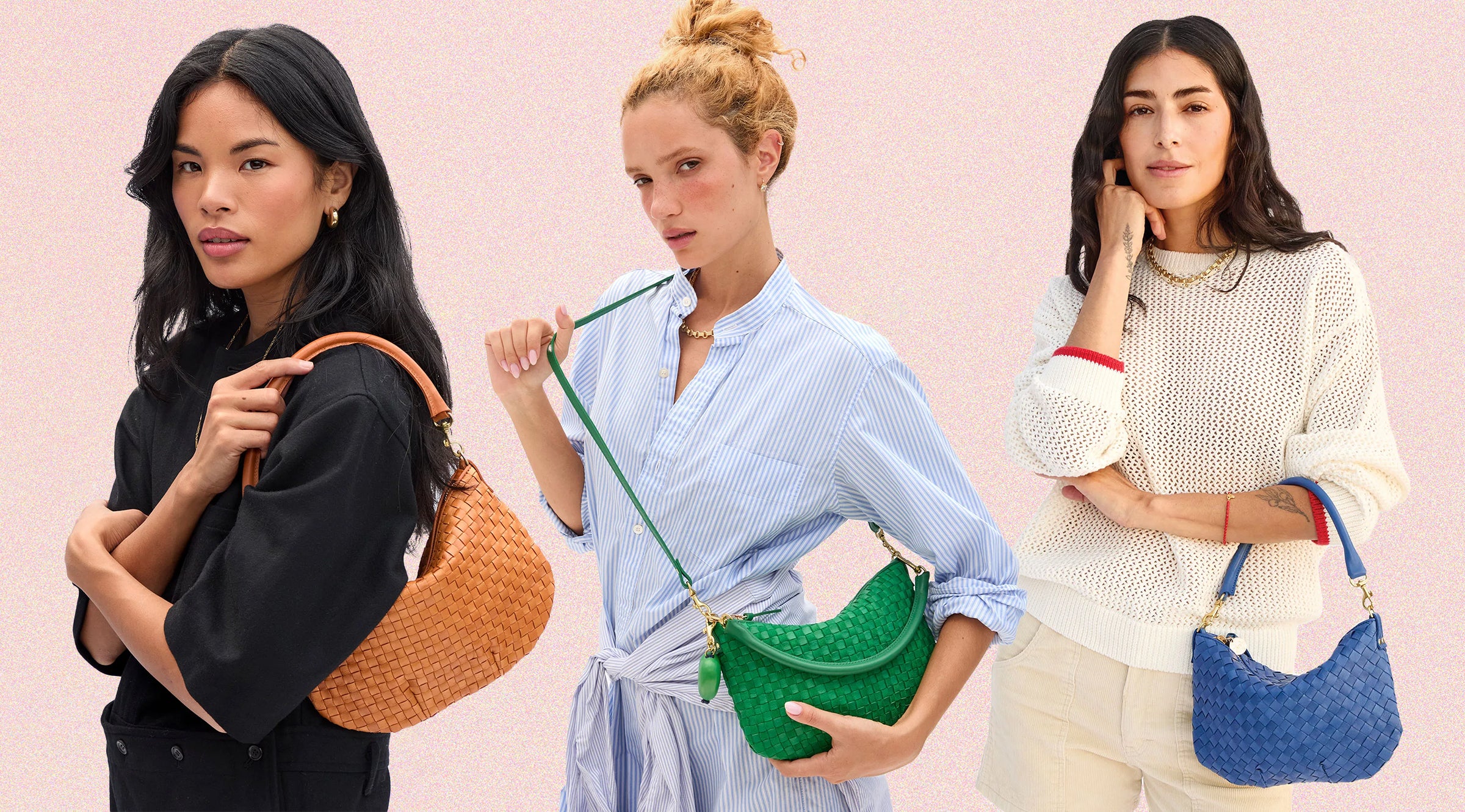 Three models carrying the Natural Woven Petit Moyen, Grass Woven Petit Moyen, and French Blue Petit Moyen. 