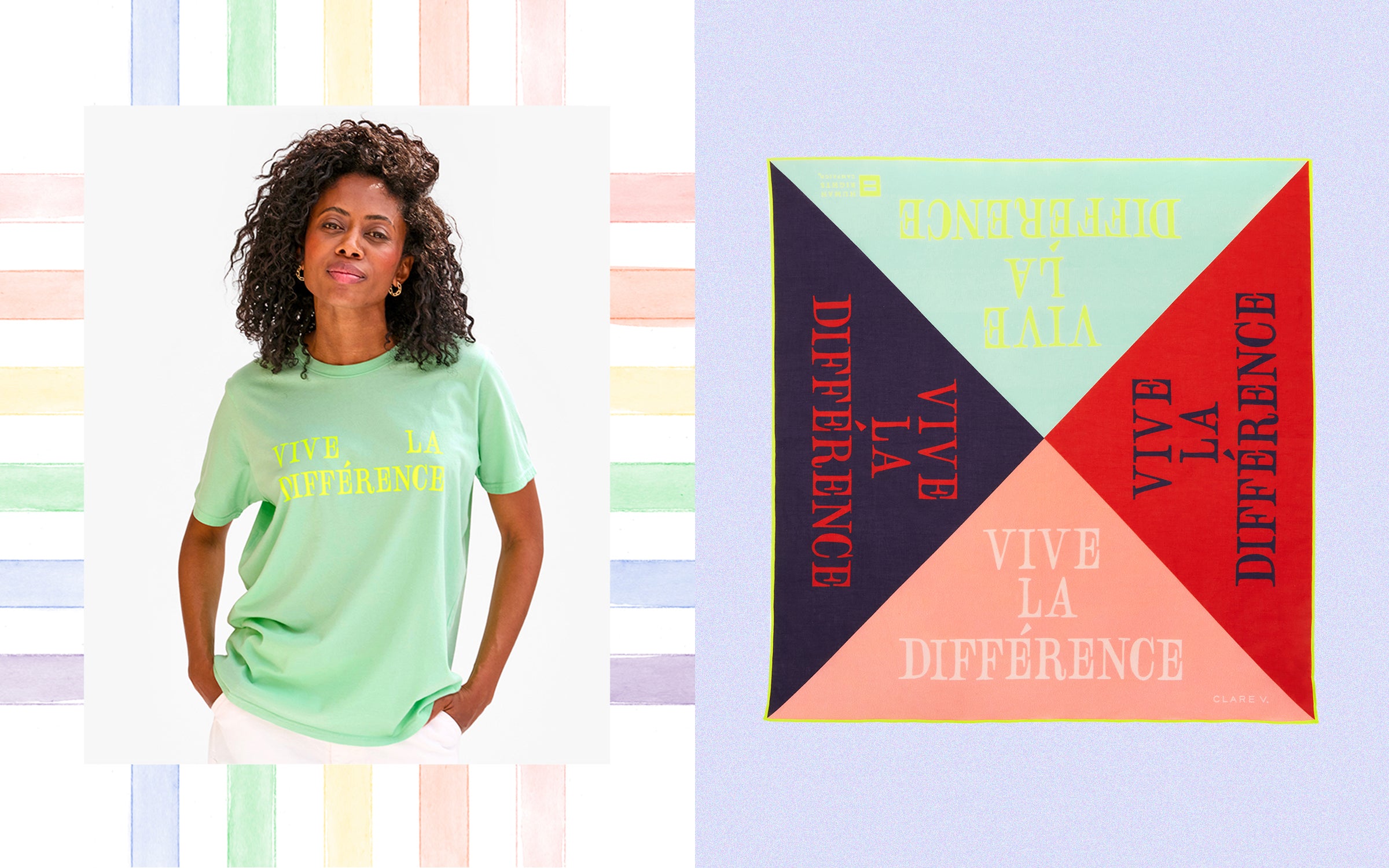 Mecca wearing the Viva La Différence Mint Tee and the Viva La Différence Bandana besides her. 