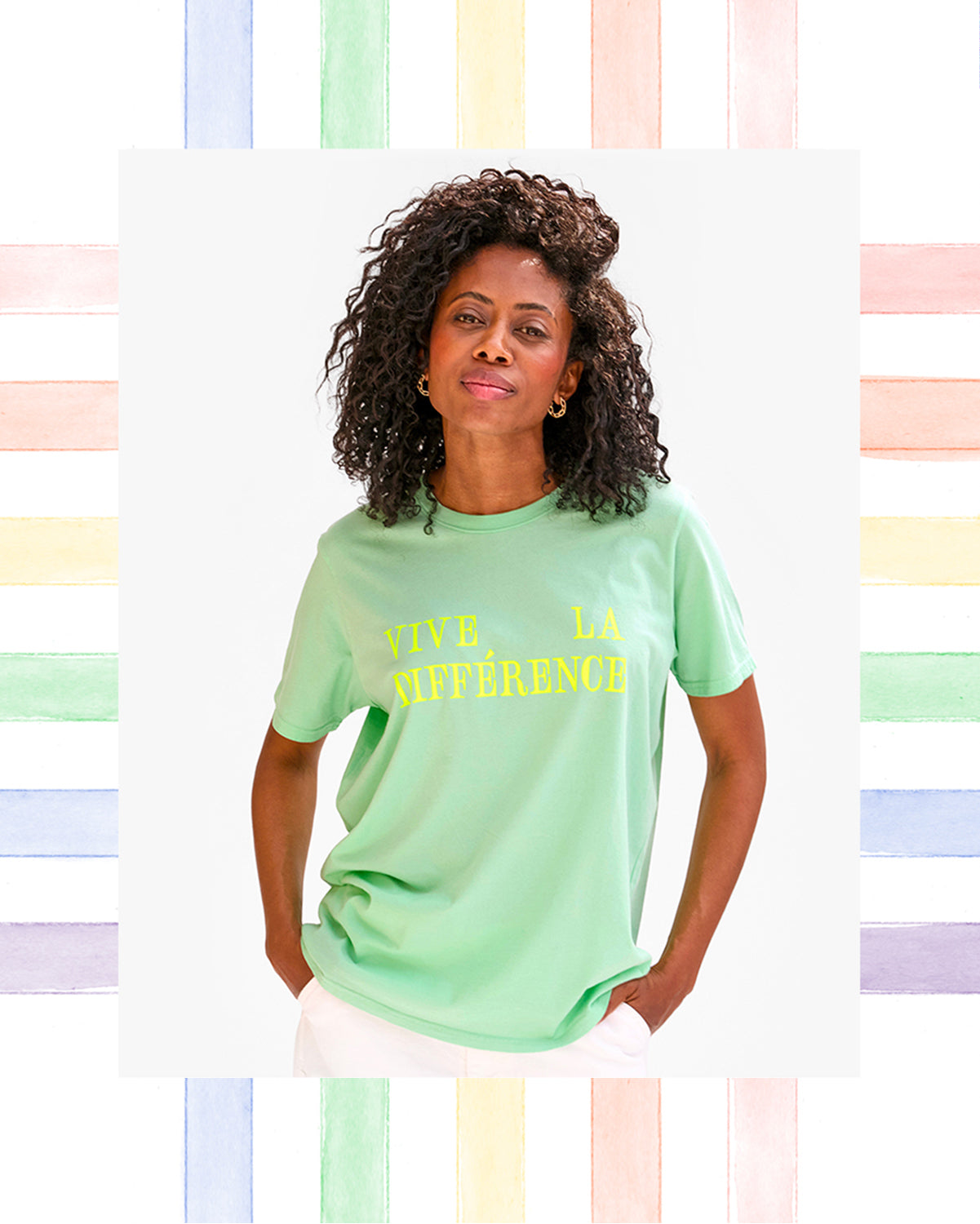 Mecca wearing the mint Viva La Différence tee. 