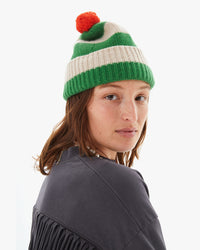 Zoe wearing the Pagoda & Oatmeal Stripe Pompom Hat