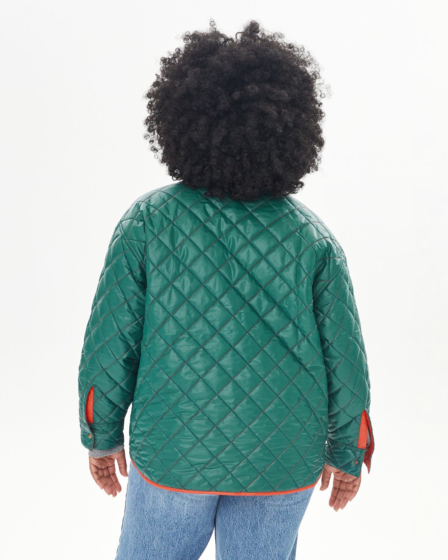 back view of candice wearing the Spruce & Poppy Quilted Nylon Jacque Jacket
