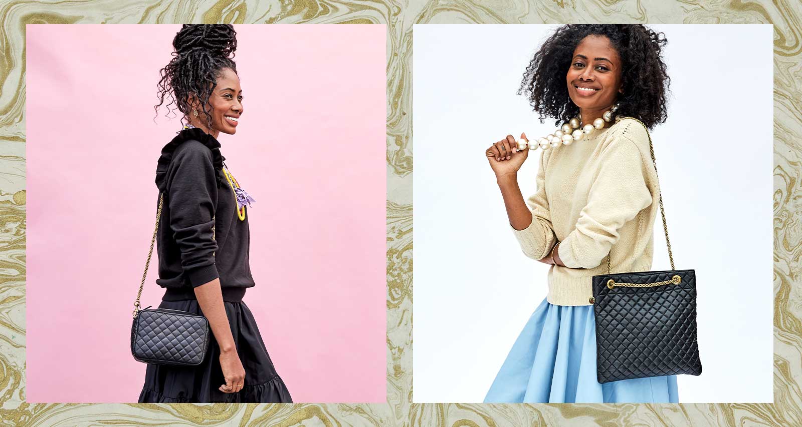 Mecca Wearing Our Black Quilted Fantastic On Her Shoulder, Mecca Wearing Our Black Quilted Fantastic Delphine Over Her Shoulder