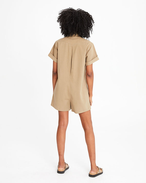 back view of Mecca wearing the Khaki Jumpsuit Cargo