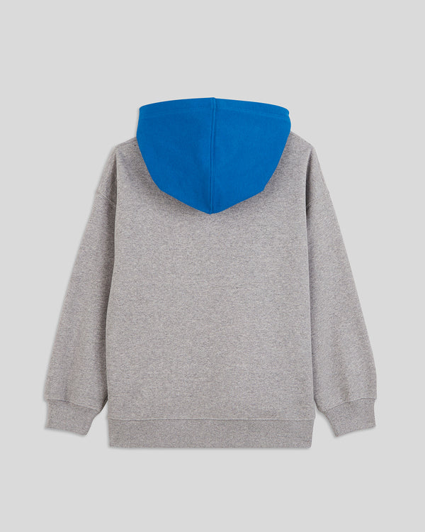 back view of the Grey w/ Poppy & Cobalt Kids Hoodie
