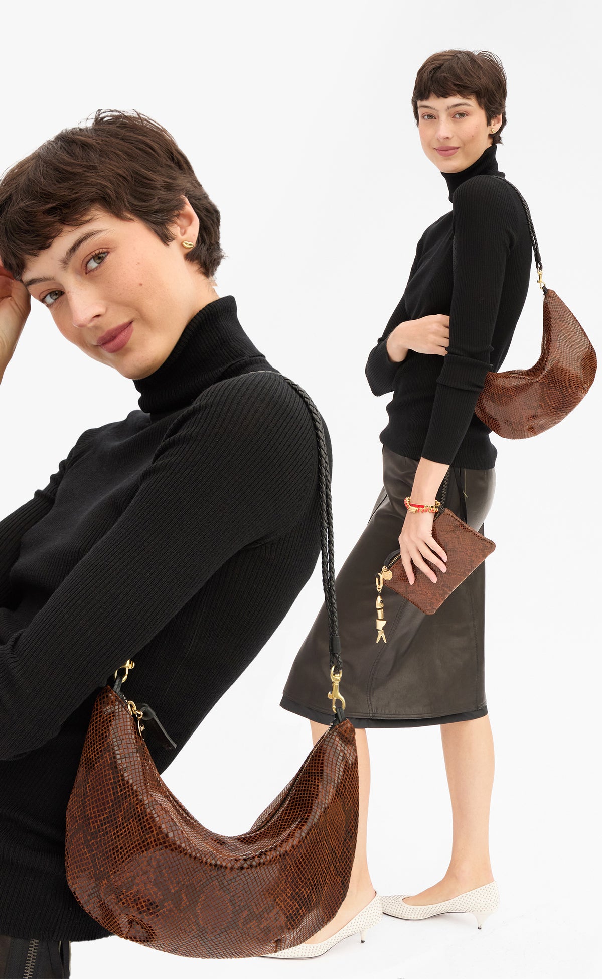 Model carrying the Auburn Embossed Python Lune and matching Wallet Clutch with Tabs. 