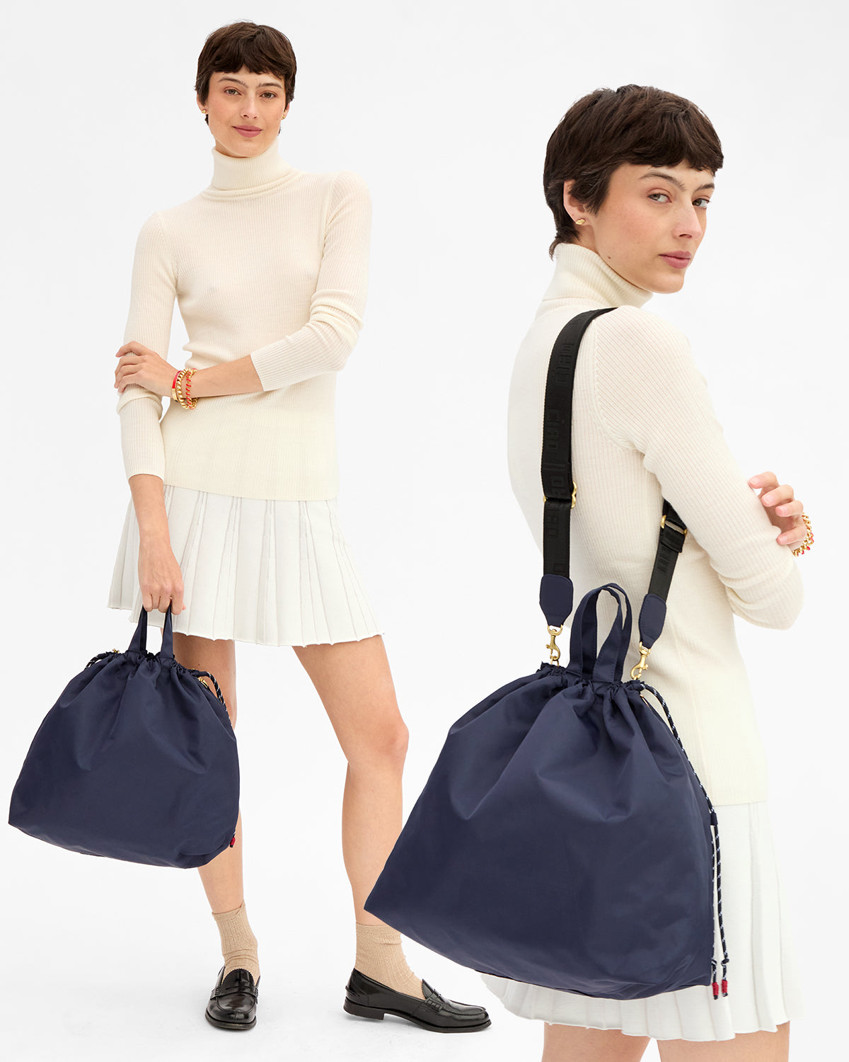 Model wearing a cream skirt with matching top and carrying the Navy Sac Tout. 