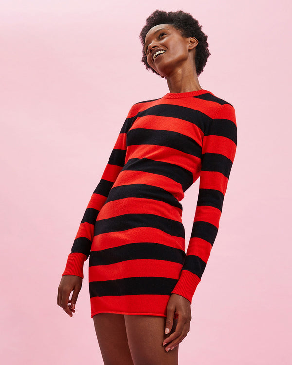 Model wearing the Black & Poppy Stripe Long Sleeve Dress