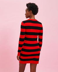 back view of the model wearing the Black & Poppy Stripe Long Sleeve Dress