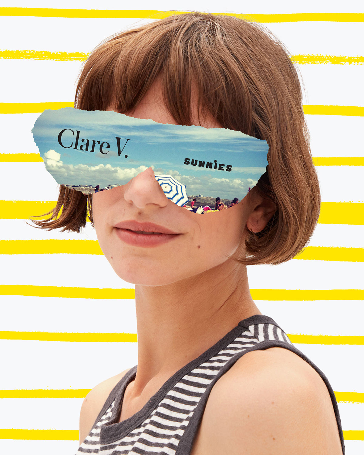 Model with sunglasses put over her head via a cutout of an image that shows the beach. 