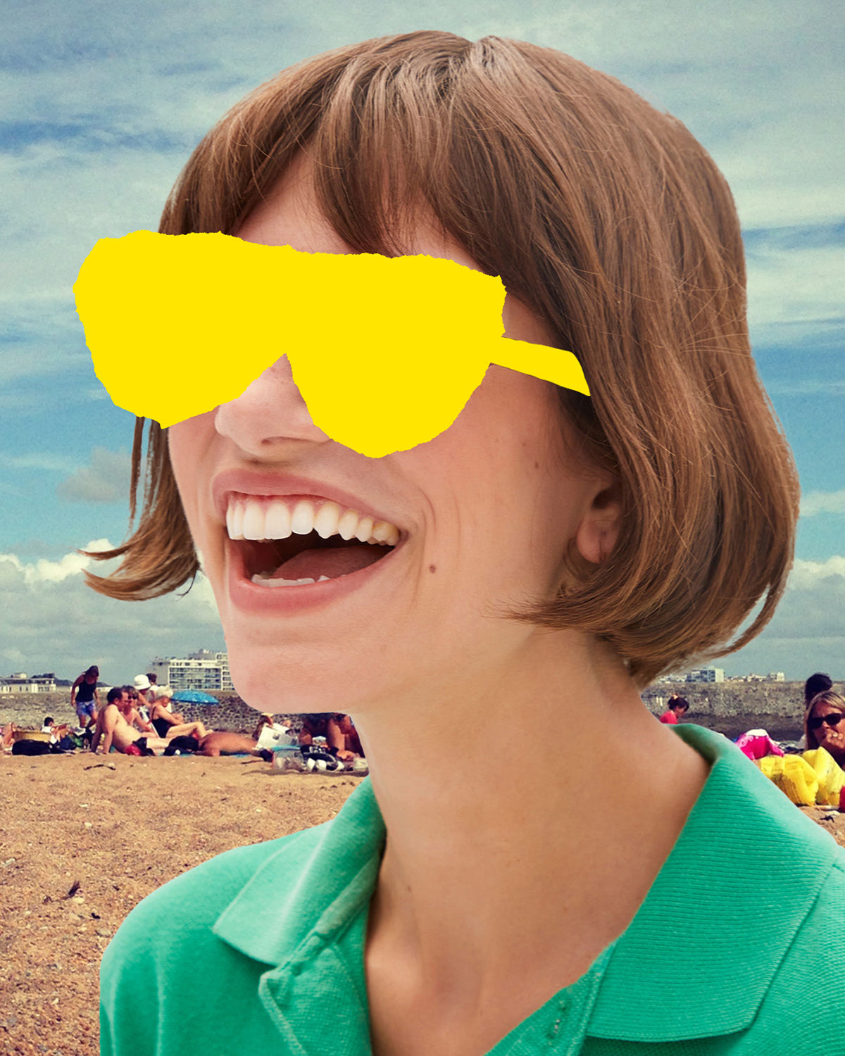 Model with yellow sunglasses drawn over her eyes.