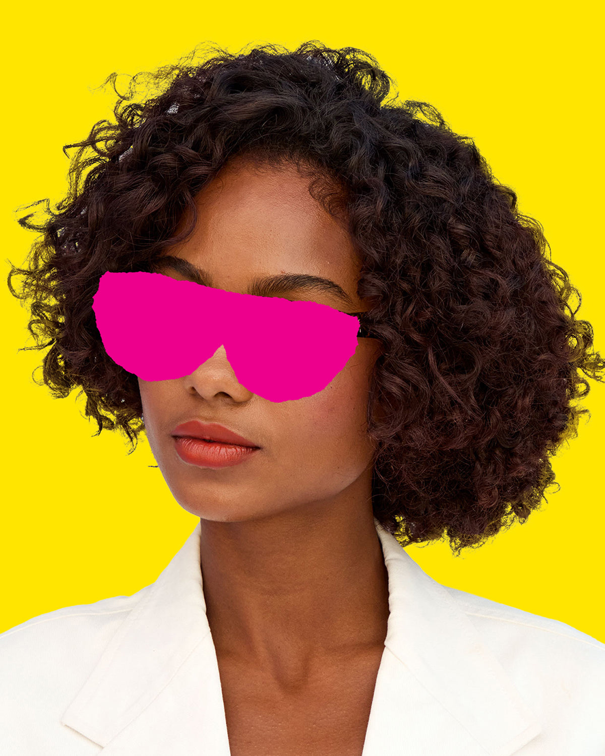Model with pink sunglasses drawn over her face.