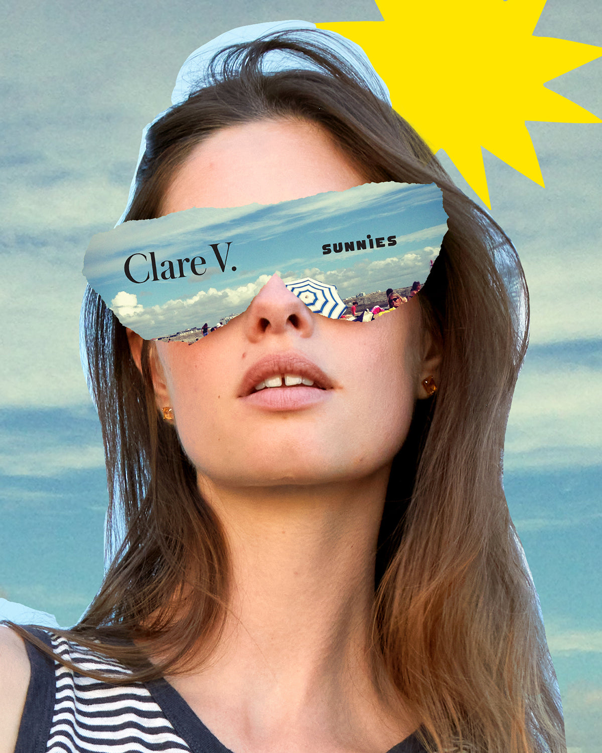 Model with a cutout in the shape of sunglasses put over her eyes. 
