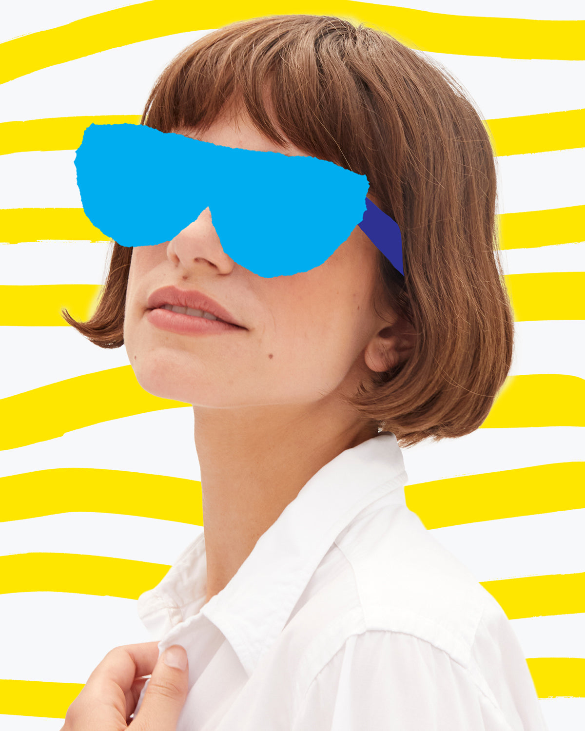 Model with sky blue sunglasses drawn over her eyes.