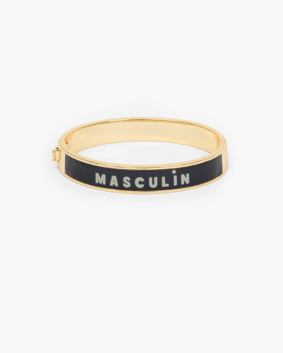 Le Bangle Bracelet showing one side of the bracelet that reads  inchMASCULIN inch. 