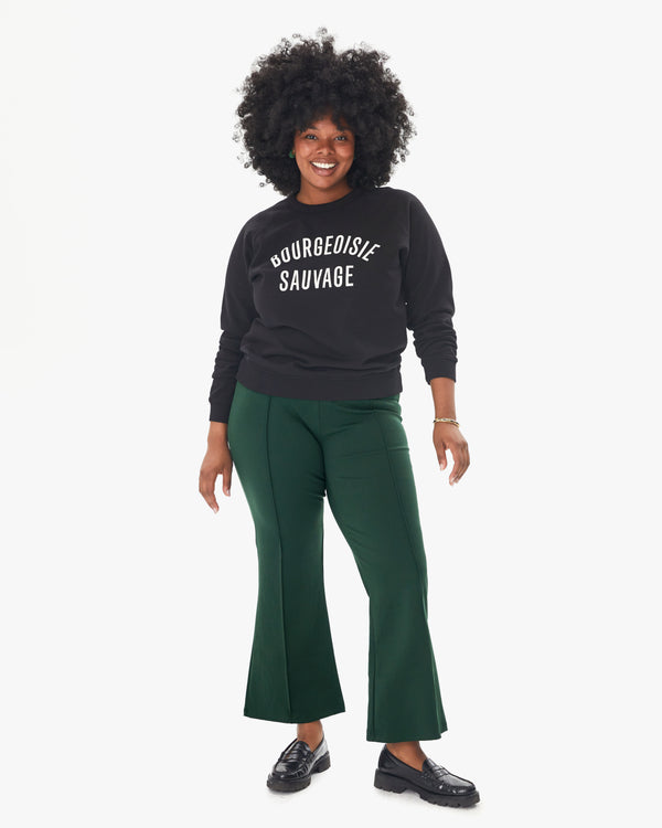 Candice wearing the Le Flare in Forest with a CV sweatshirt