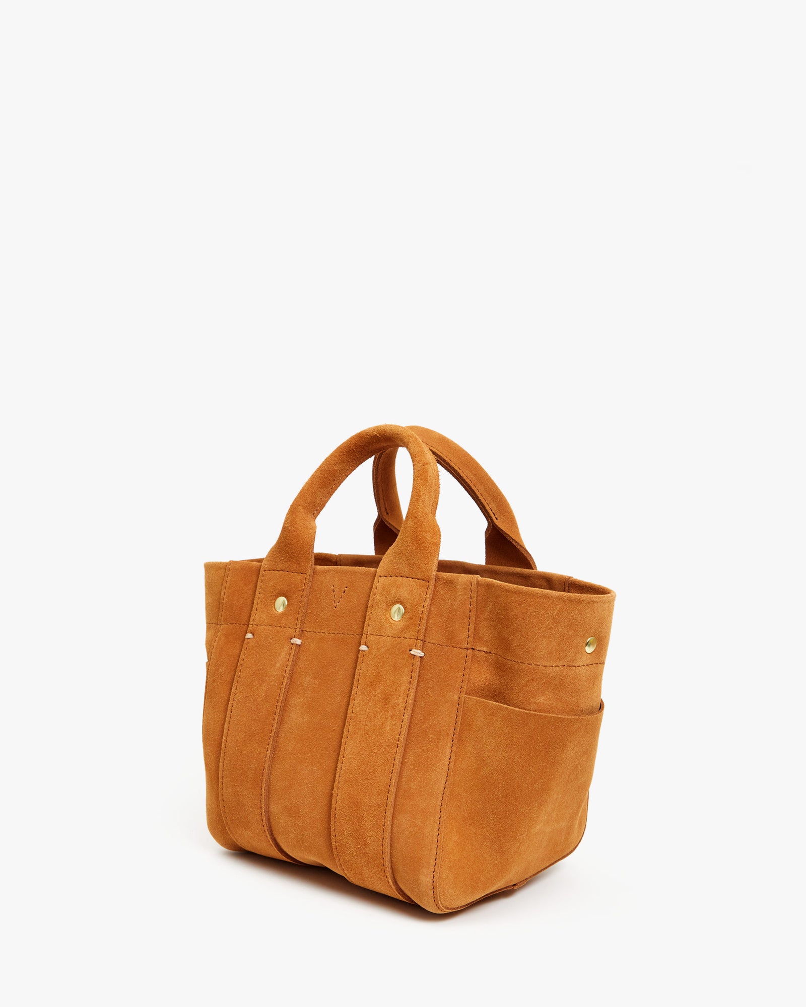 side angle of the Le Petit Box Tote in Camel Suede