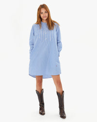 aurelia wearing the Blue & Cream Stripe Le Tux Dress with cowboy boots