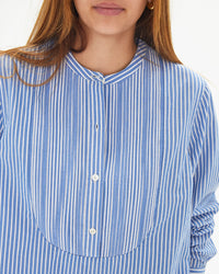 close up of the button placket on the Blue & Cream Stripe Le Tux Dress