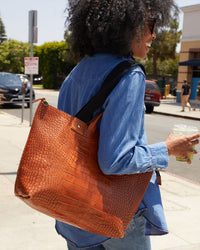 Mecca with the Cuoio Croco Le Zip Sac on her shoulder