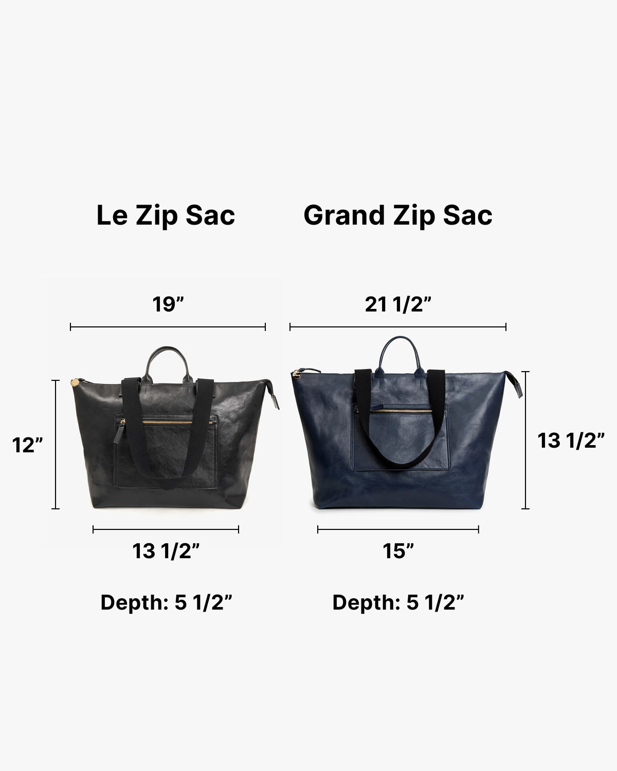 Le Zip Sac with dimensions 12 inches tall by 13 1/2 inches wide at the base next to Grande Zip Sac with dimensions 13 1/2 inches tall by 15 inches wide at the base