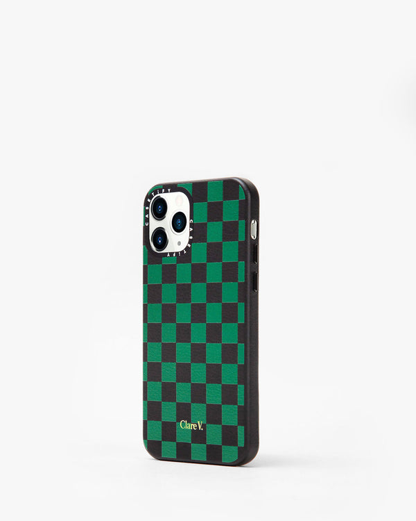 side angle view of the Black & Green Checker leather iphone case