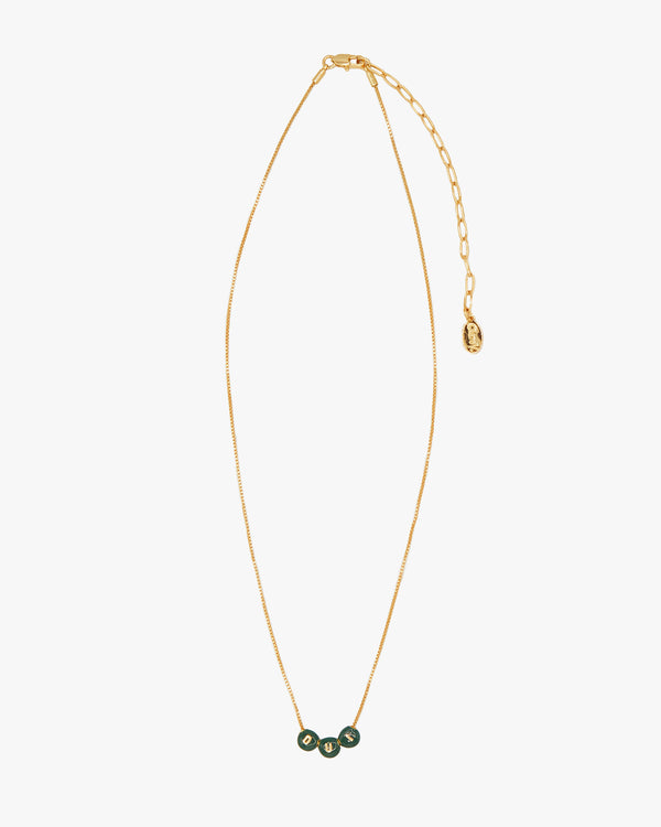 full view of the Evergreen & Gold Letter Bead Necklace