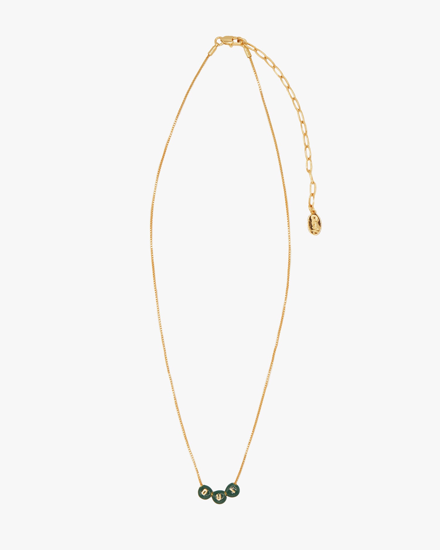 full view of the Evergreen & Gold Letter Bead Necklace