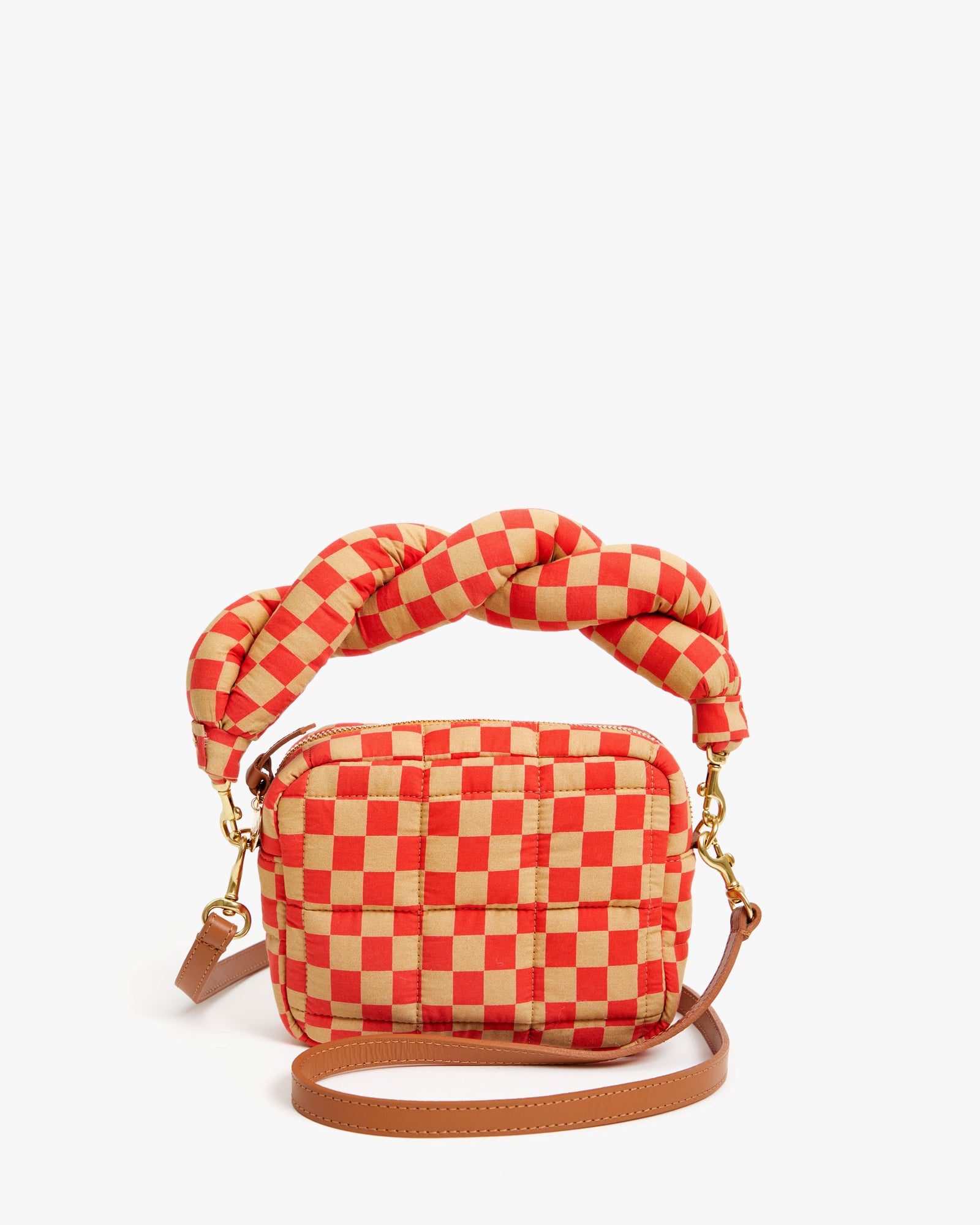 Clare V. Lucie Quilted Checker Crossbody Bag in Poppy/Khaki Quilted Checker