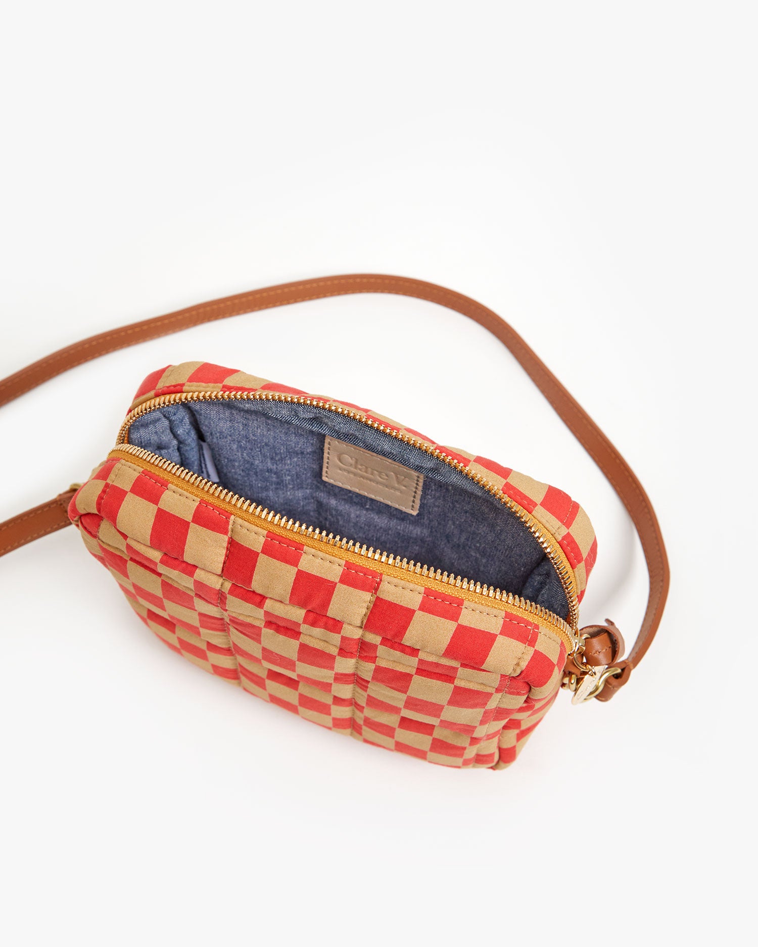 Clare V. Lucie Quilted Checker Crossbody Bag in Poppy/Khaki Quilted Checker