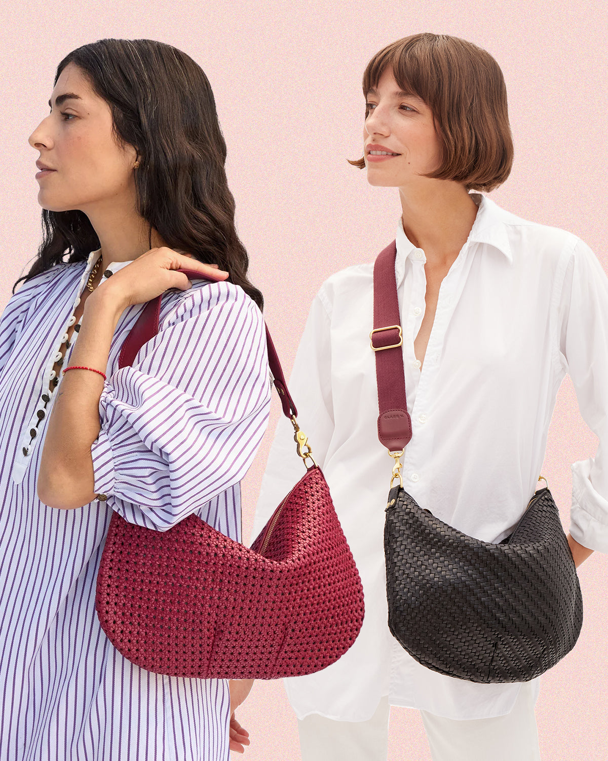 Two models carrying the Moyen Messenger. One model is carrying the Black Woven Moyen Messenger with Plumingo Adjustable Crossbody Strap and the other is carrying the Plummy Rattan Moyen Messenger. 
