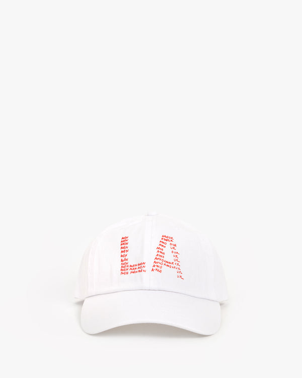 CV x Mother Collab White Baseball Hat with Red LA Graphic