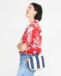 athena laughing with the Indigo & Cream Woven Racing Stripes Marisol on her shoulder