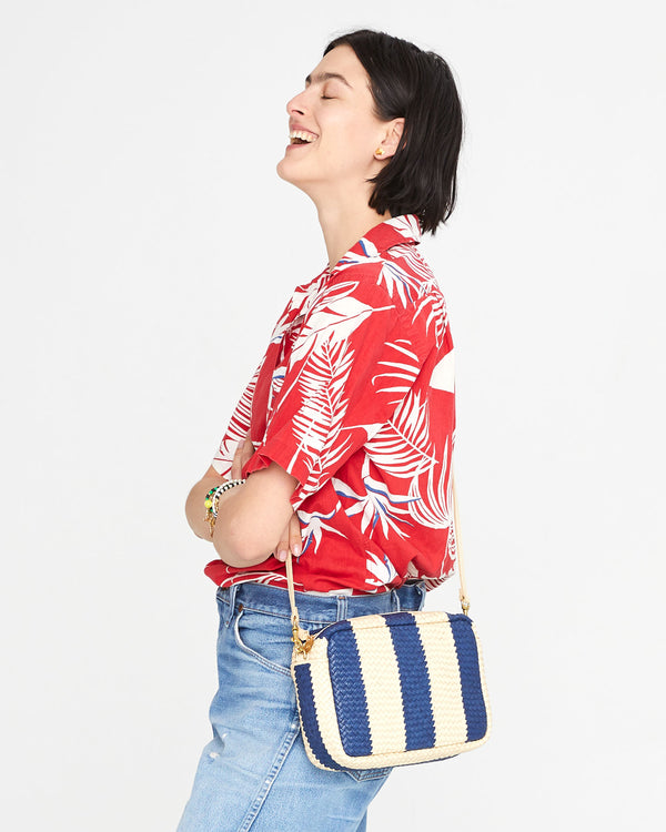 athena laughing with the Indigo & Cream Woven Racing Stripes Marisol on her shoulder