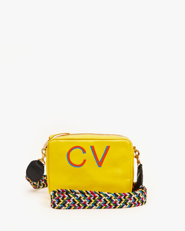 Dandelion Rustic Midi Sac with a handpainted monogram and our Multi Webbing Crossbody Strap attached to the bag.