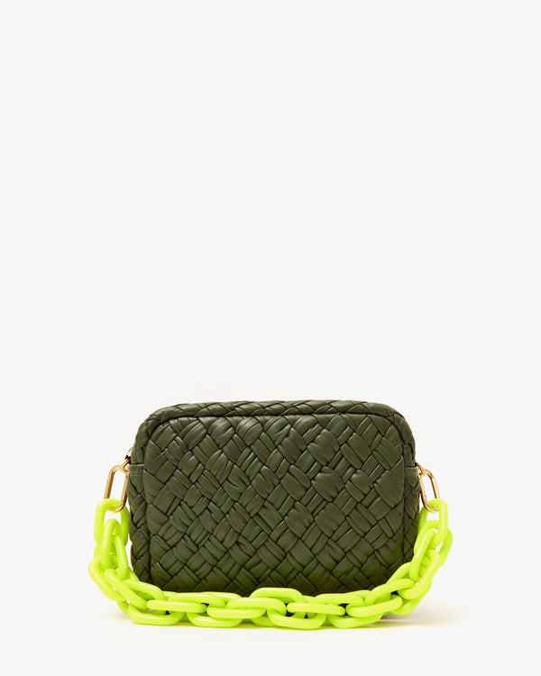 Midi Sac in Army Puffy Woven with Neon Yellow Shortie Strap