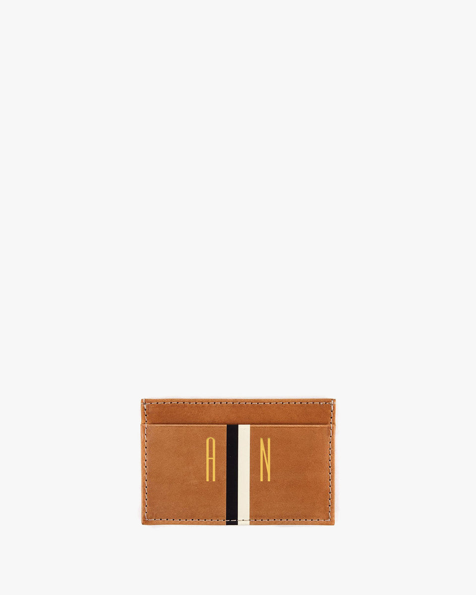 Cuoio with Black and Cream Stripes Mike's Card Case with Tall AN Gold Foil Monogram In The Top Center Placement
