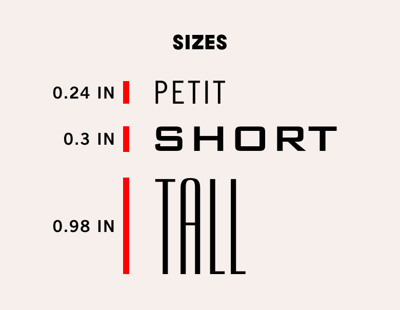Gold foil font sizes per font. Petit is 0.24 inches, Short is 0.3 inches, Tall is 0.98 inches. 