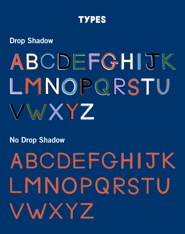 Handpainting Monogram Types showing the alphabet with drop shadow and without. 