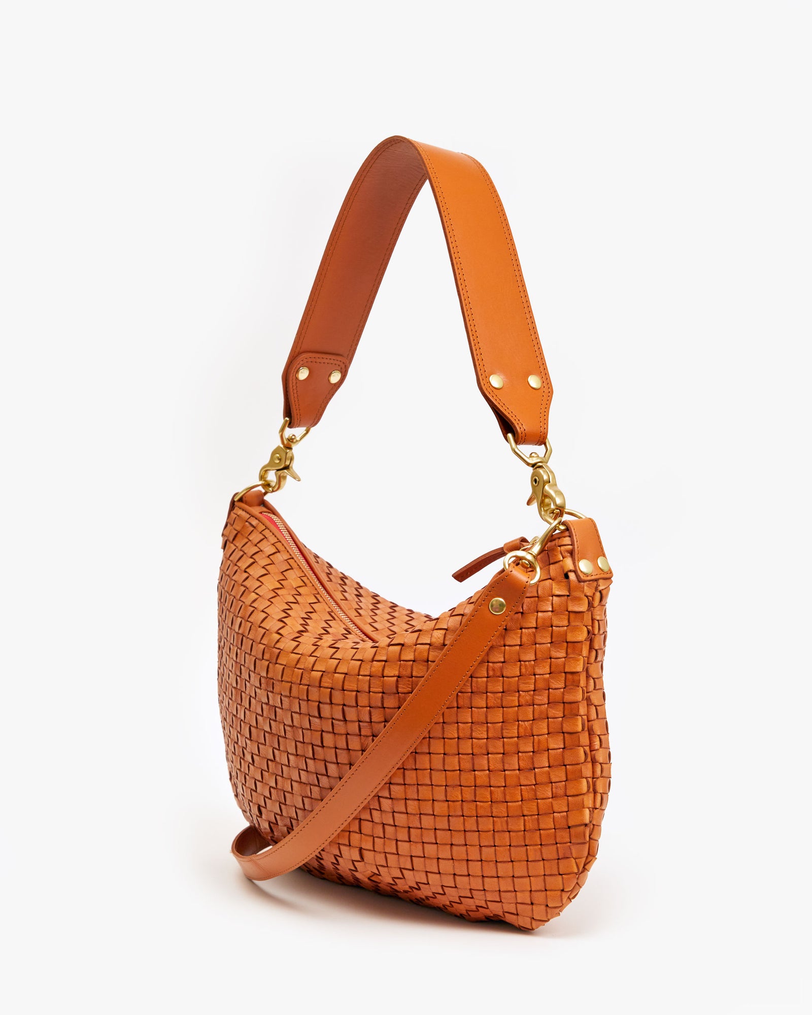 Clare V. Moyen Convertible Leather Satchel - Toffee Diagonal Woven