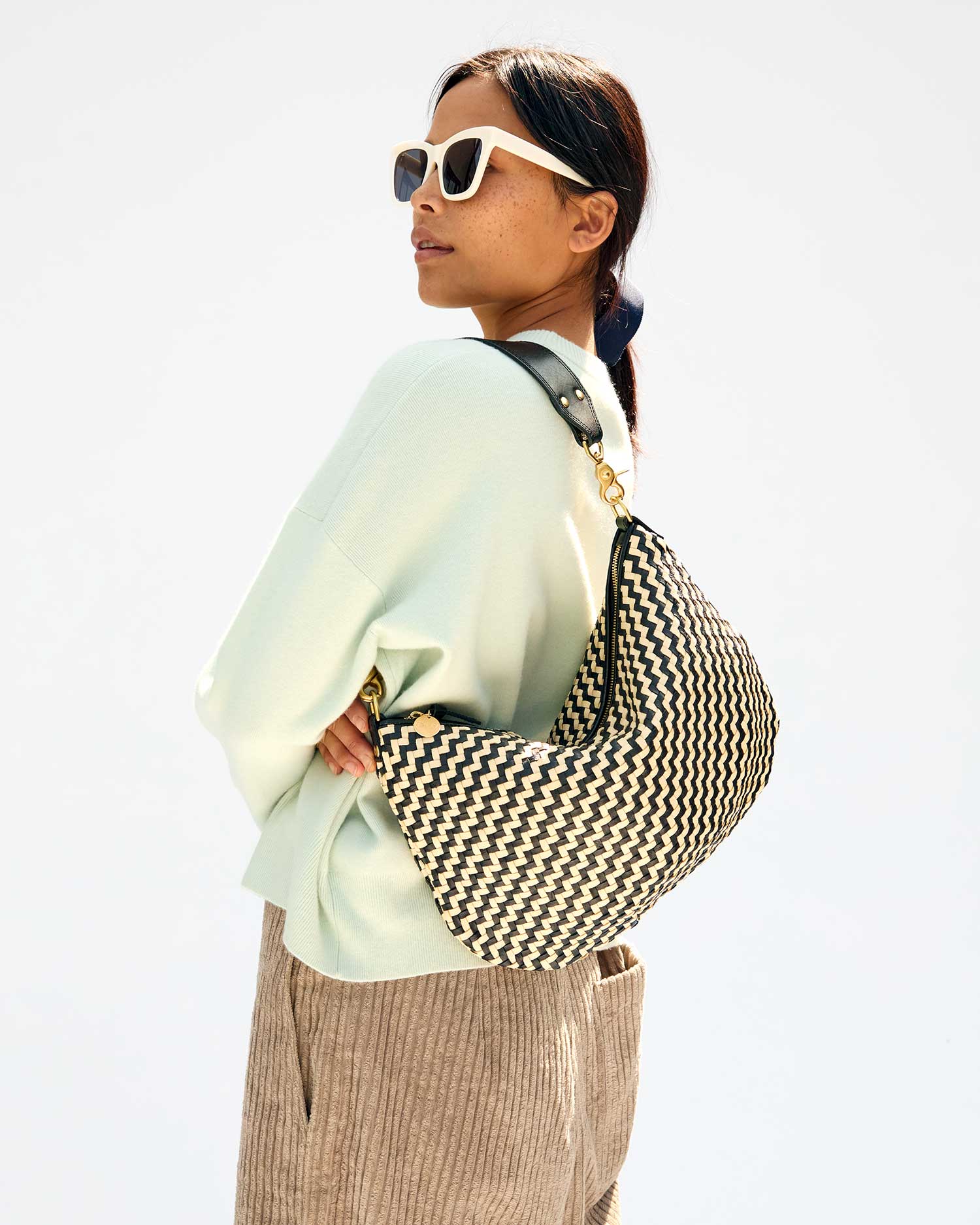 Clare V. Woven Checker Petit Moyen Messenger in Black & Cream