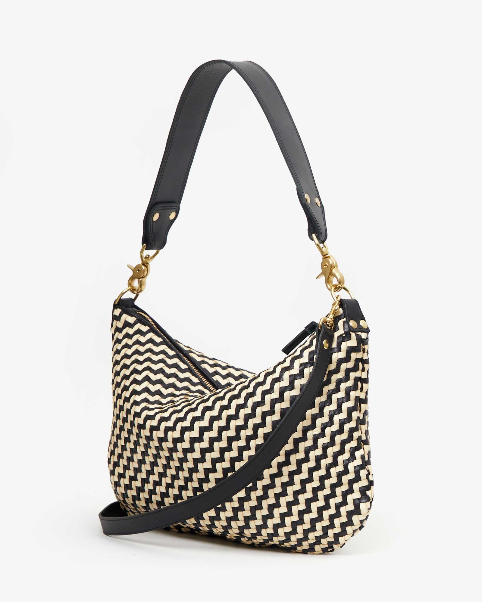 CLARE V Petit Moyen Messenger in Black & Cream Woven Checker