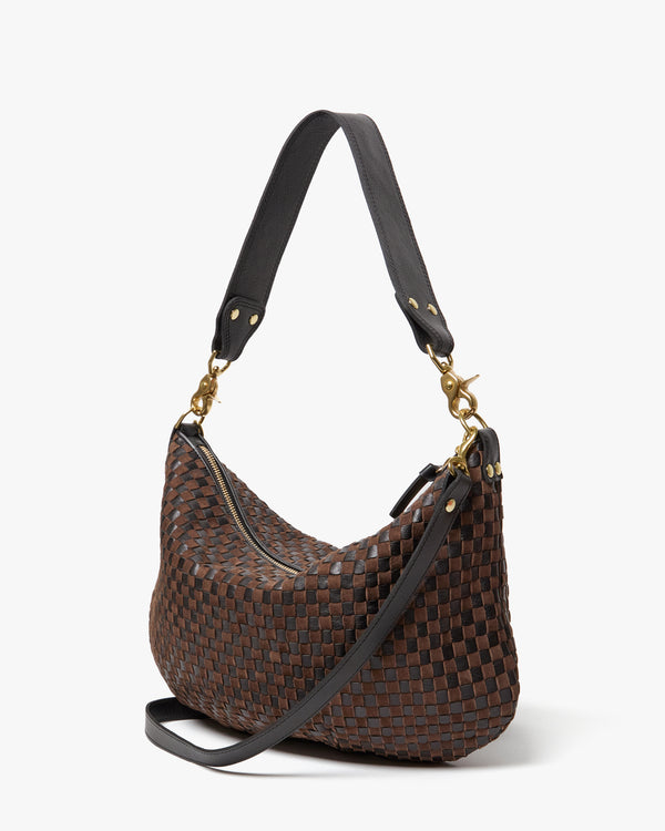 Back view of the Black/Chocolate Woven Moyen Messenger. 