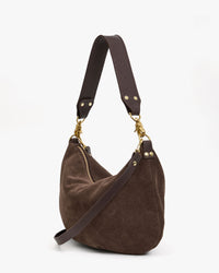 Back view of Moyen Messenger in Chocolate Suede