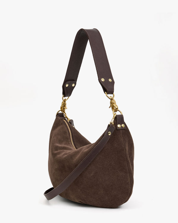 Back view of Moyen Messenger in Chocolate Suede