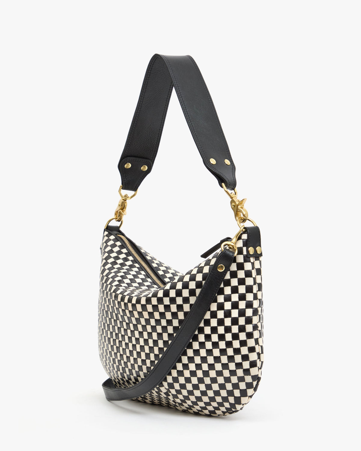 Back View of Moyen Messenger in Black and Cream Woven Checker
