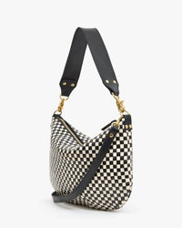 Back View of Moyen Messenger in Black and Cream Woven Checker