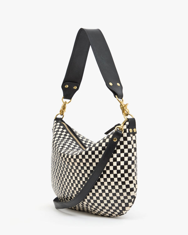 Back View of Moyen Messenger in Black and Cream Woven Checker