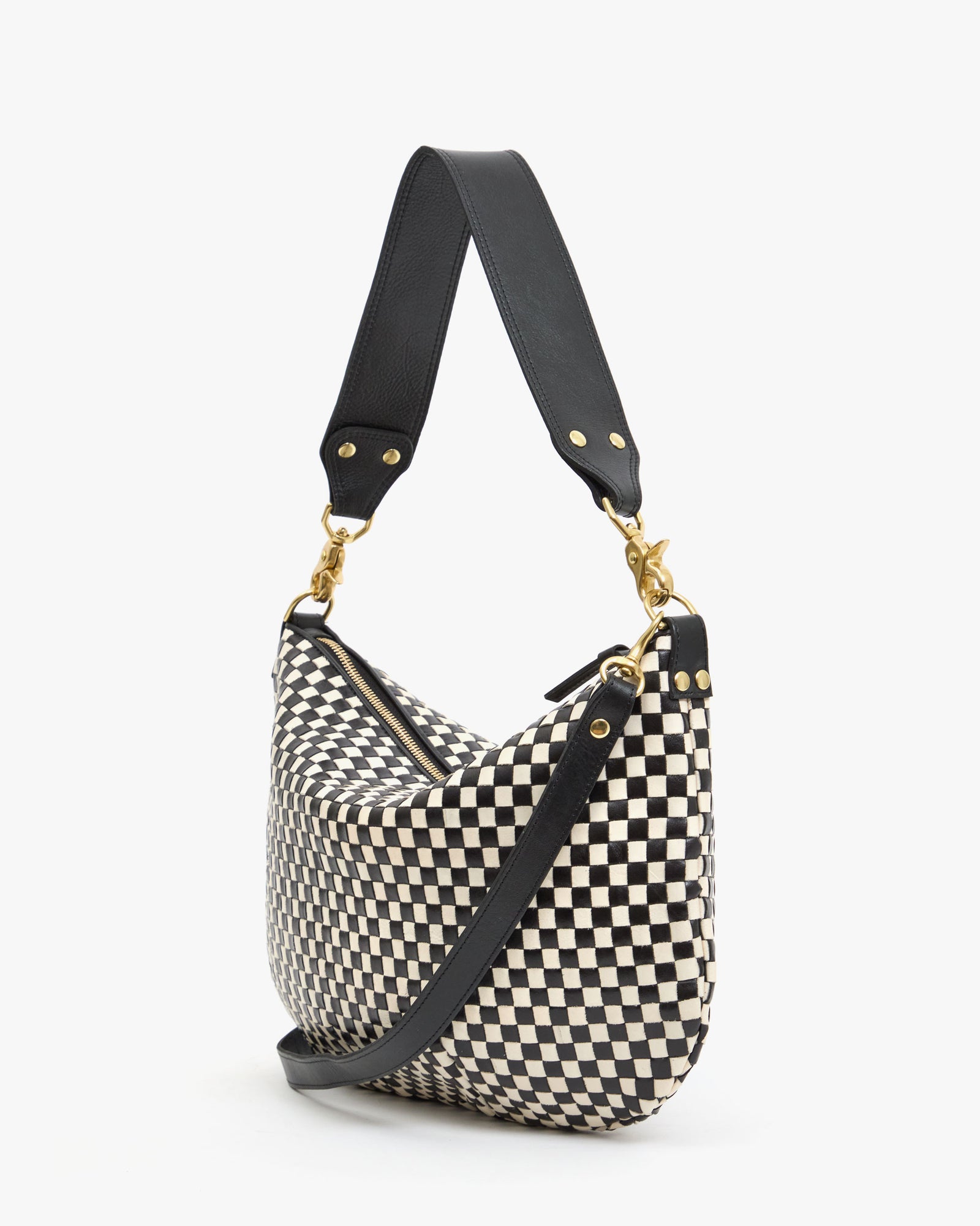 Back View of Moyen Messenger in Black and Cream Woven Checker